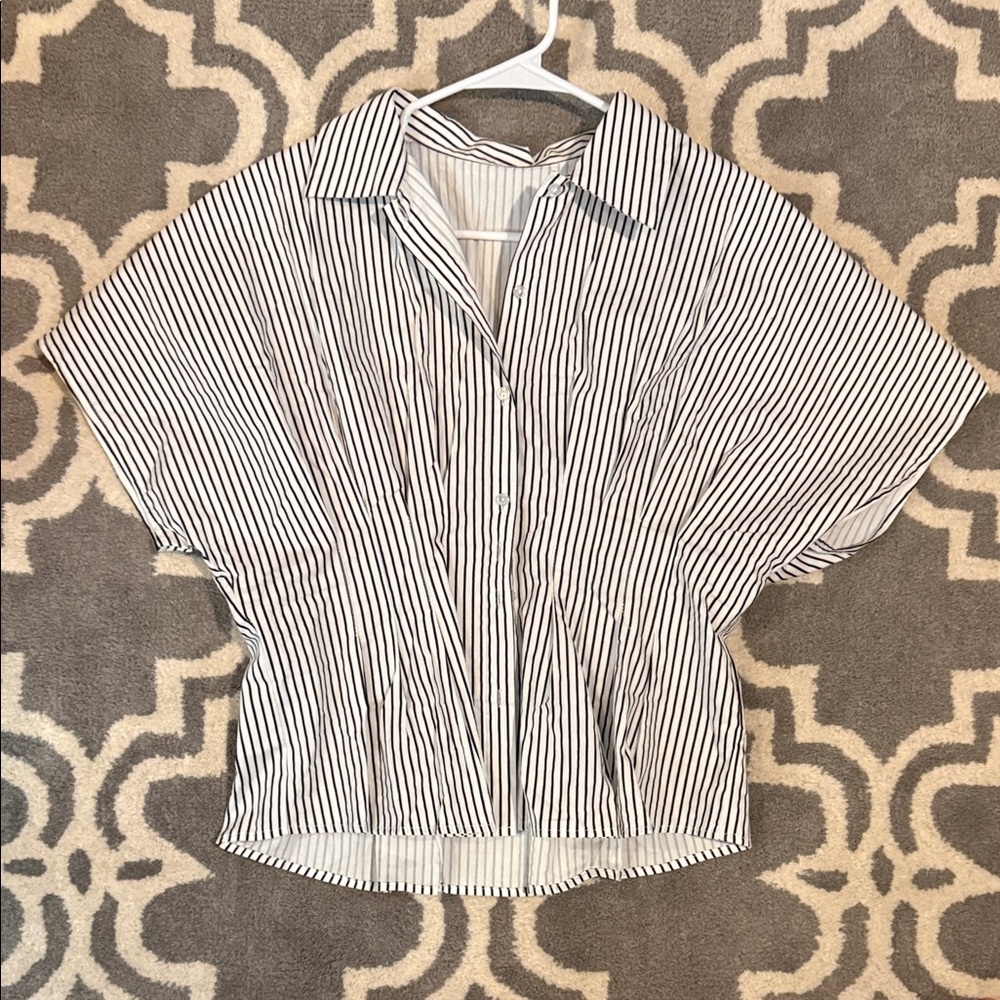 Striped Button-Front Dolman Sleeve Top - White & Black